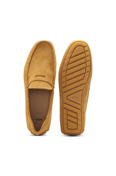 Portuguese-crafted moccasin loafers in suede with penny trim