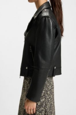 Blouson de motard en cuir grain&eacute; avec fermetures &eacute;clair et clous, Noir