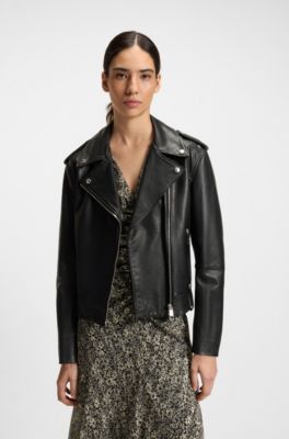 Giubbotto biker in pelle martellata con zip e borchie, Nero