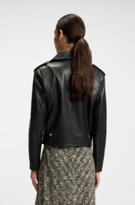 Grained-leather biker jacket with zips and studs, Black