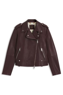 Grained-leather biker jacket with zips and studs, Dark Brown