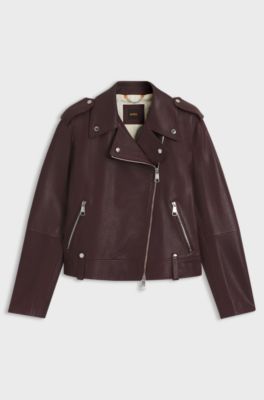 Grained-leather biker jacket with zips and studs, Bordeaux