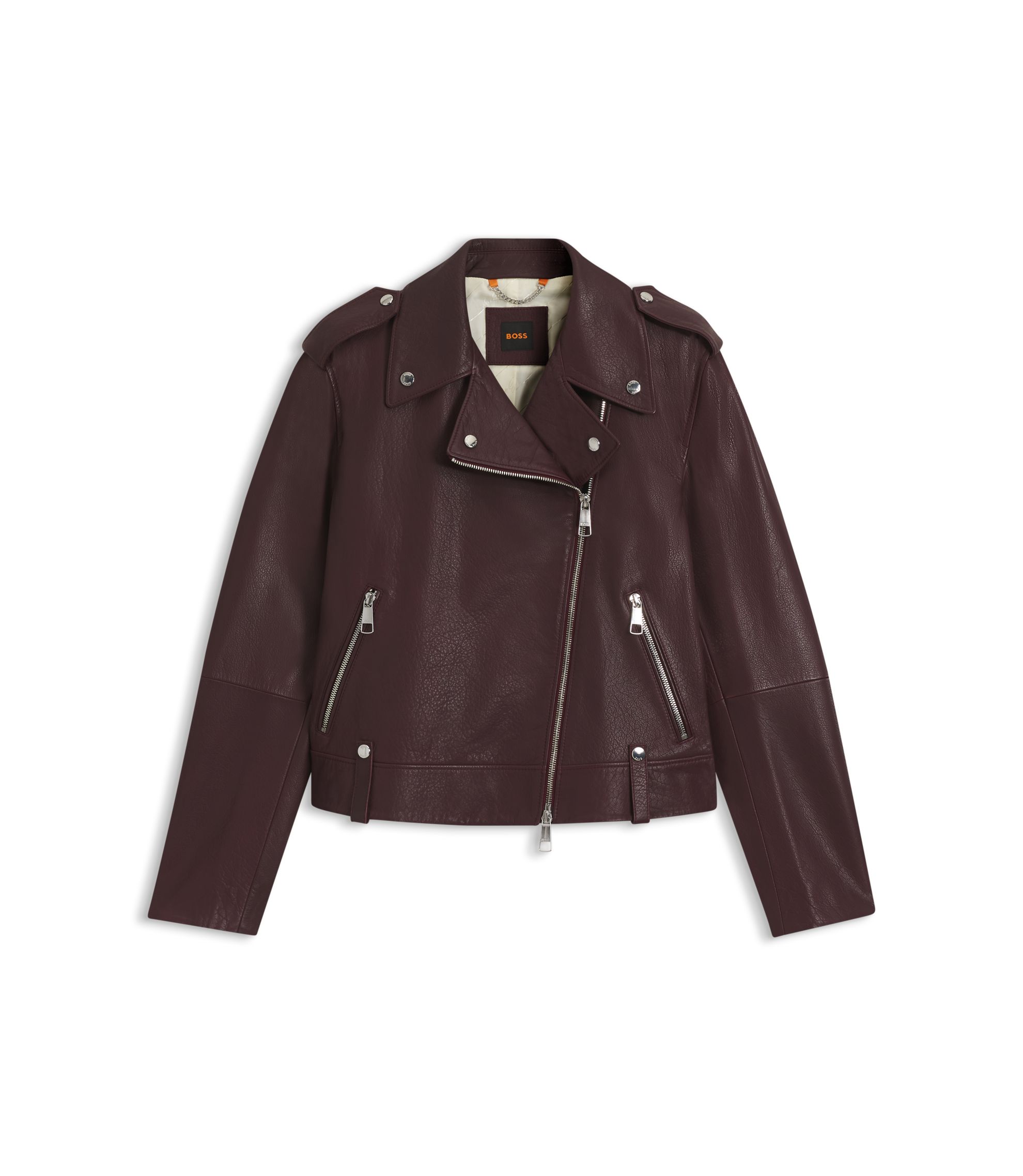 BOSS ブラウン　合皮レザー ジャケット BOSS - グレインレザー バイカージャケット ジップ＆スタッズ - ダーク