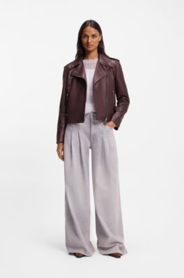 Giubbotto biker in pelle martellata con zip e borchie, Bordeaux