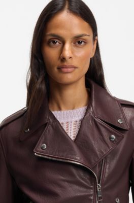 Grained-leather biker jacket with zips and studs, Bordeaux