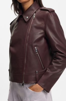 Grained-leather biker jacket with zips and studs, Bordeaux