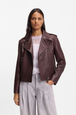 Grained-leather biker jacket with zips and studs, Bordeaux