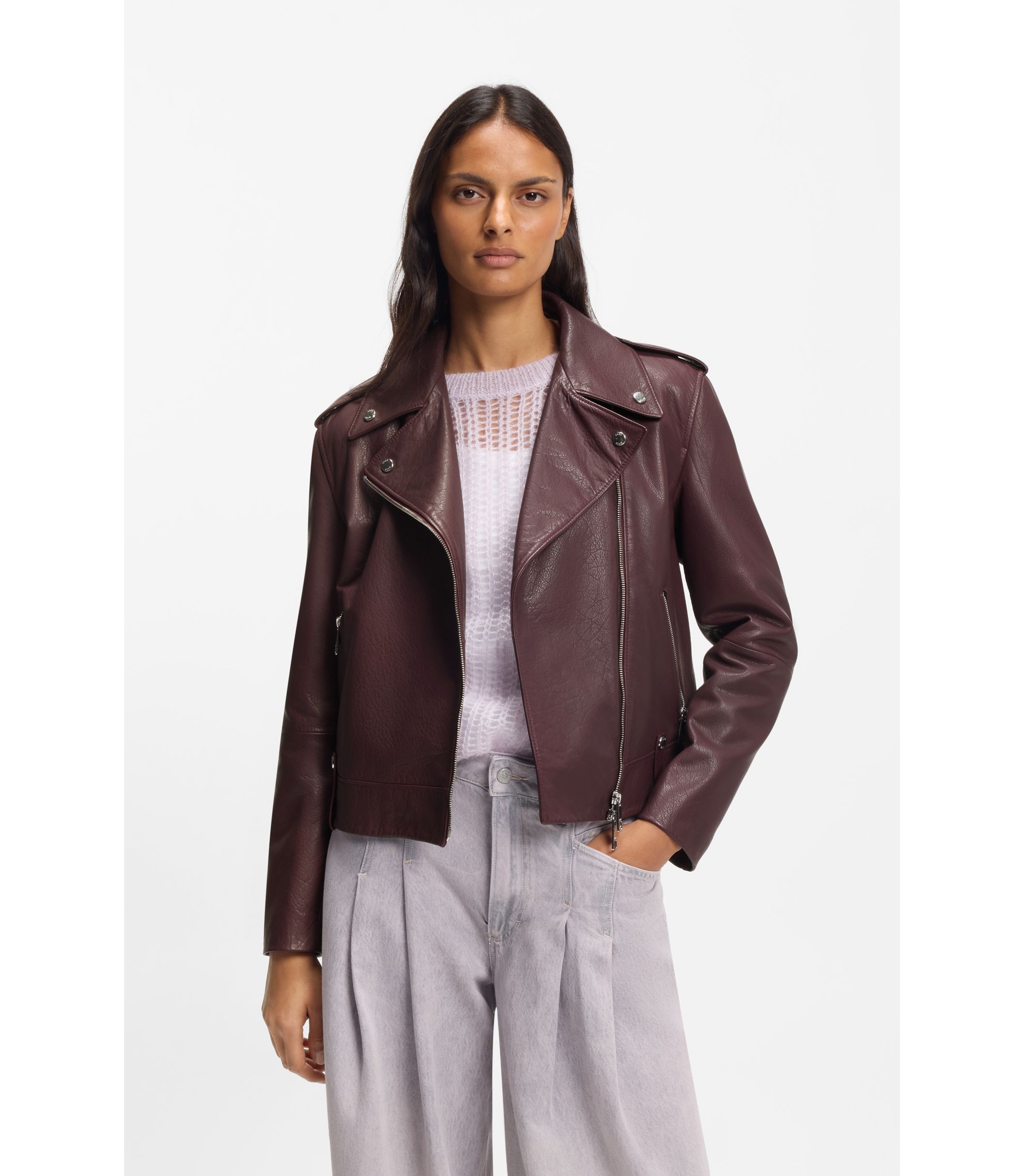 BOSS ブラウン　合皮レザー ジャケット BOSS - グレインレザー バイカージャケット ジップ＆スタッズ - ダーク