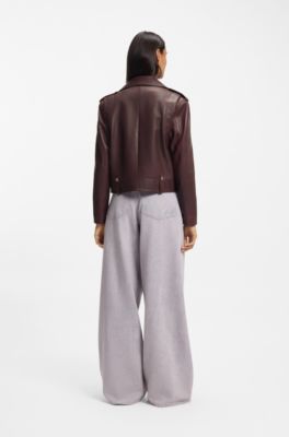 Grained-leather biker jacket with zips and studs, Bordeaux