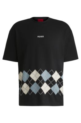 HUGO - Cotton-jersey T-shirt with Argyle pattern - Black