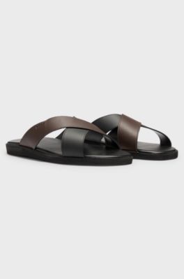 Faux-leather slides with two-tone straps, Black