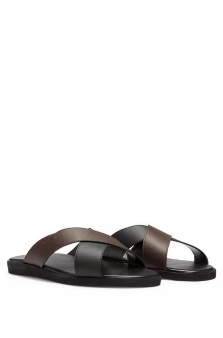 Faux-leather slides with two-tone straps