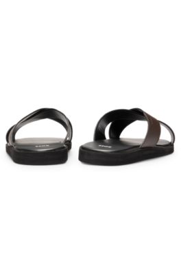 Faux-leather slides with two-tone straps, Black