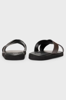 Faux-leather slides with two-tone straps, Black