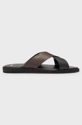 Faux-leather slides with two-tone straps, Black