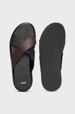 Faux-leather slides with two-tone straps, Black