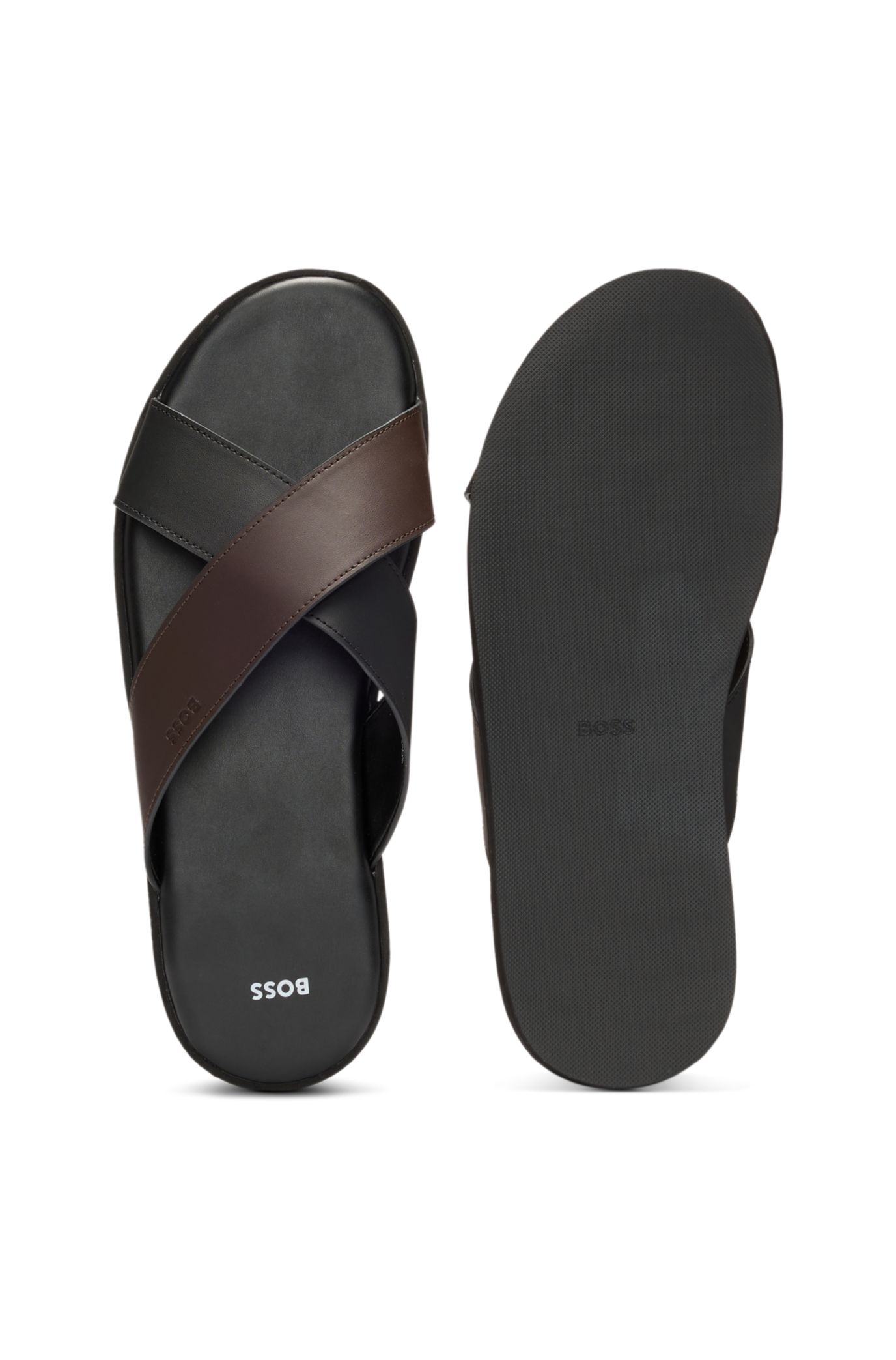 【HUGO BOSS】ツートンカラーストラップ フェイクレザースライド BOSS - フェイクレザー スライドサンダル ツートンストラップ