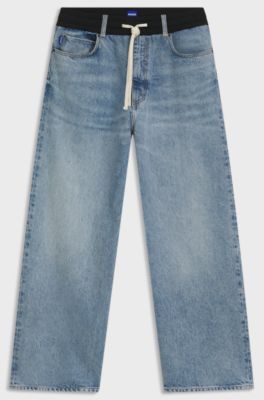 Oversized-fit jeans in blue denim with jersey waistband, Blue