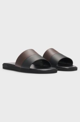 Faux-leather slides with two-tone strap, Black