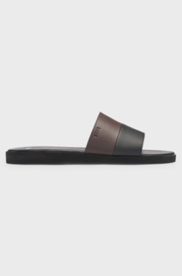 Faux-leather slides with two-tone strap, Black