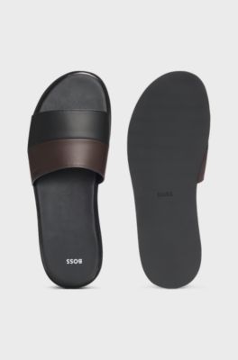 Faux-leather slides with two-tone strap, Black