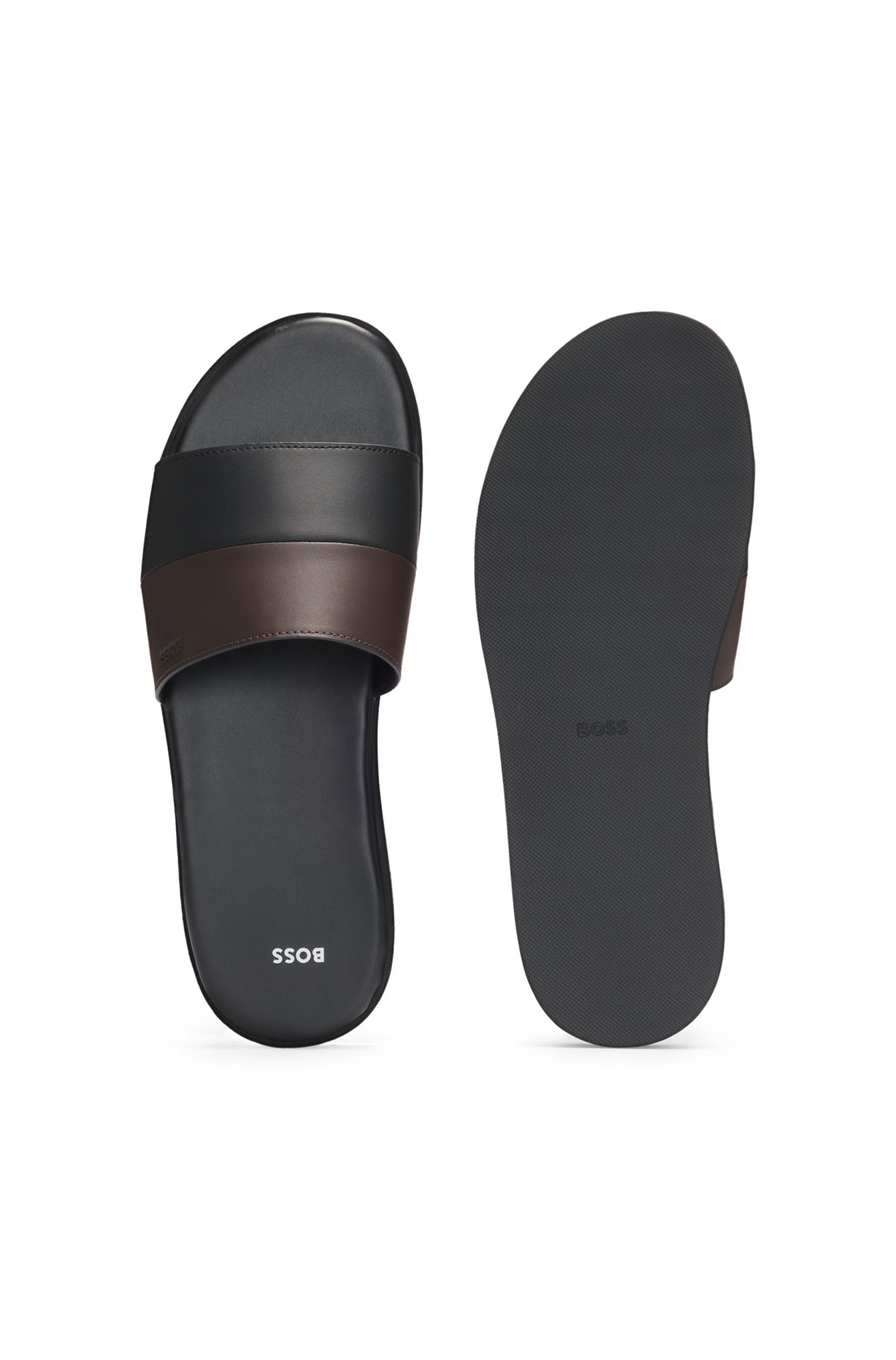 サンダル BOSS Men Sandals Black 50541782 002 BOSS - Faux-leather slides with two-tone strap - Black
