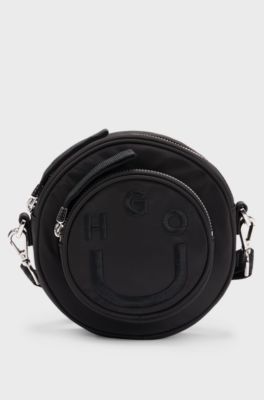 Circular crossbody bag with Happy HUGO logo, Black