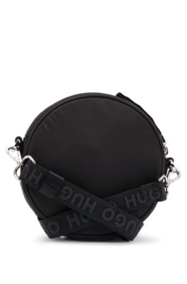 Circular crossbody bag with Happy HUGO logo, Black