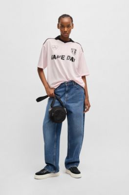 Circular crossbody bag with Happy HUGO logo, Black