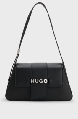 Faux-leather shoulder bag with logo hardware, Black