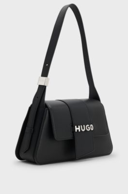 Faux-leather shoulder bag with logo hardware, Black