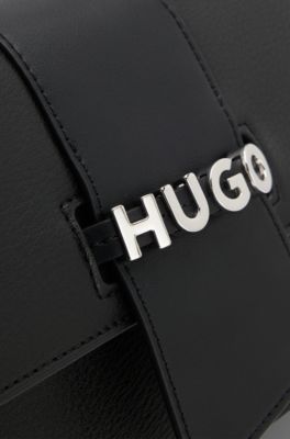Faux-leather shoulder bag with logo hardware, Black