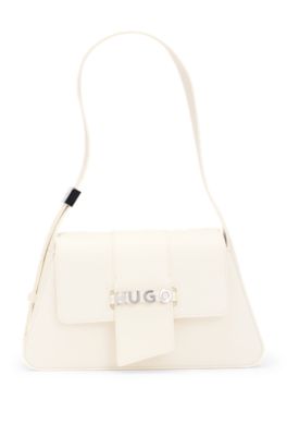 Faux-leather shoulder bag with logo hardware, Natural