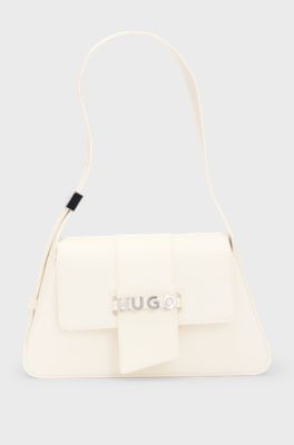 Faux-leather shoulder bag with logo hardware, Natural