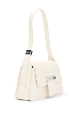 Faux-leather shoulder bag with logo hardware, Natural