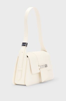 Faux-leather shoulder bag with logo hardware, Natural