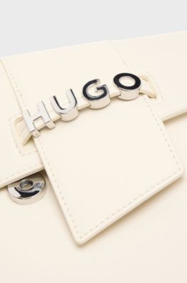 Faux-leather shoulder bag with logo hardware, Natural