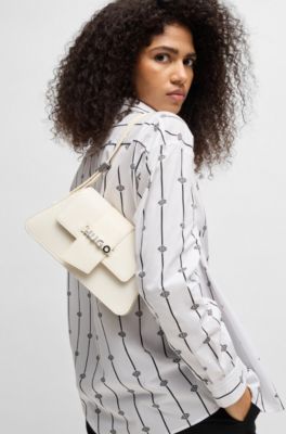 Faux-leather shoulder bag with logo hardware, Natural