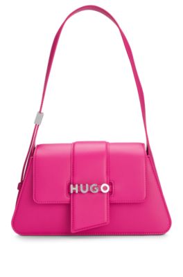 Borsa a spalla in similpelle con logo in metallo, Rosa
