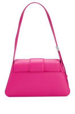 Borsa a spalla in similpelle con logo in metallo, Rosa