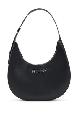 Faux-leather hobo bag with metallic logo lettering, Black