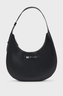 Faux-leather hobo bag with metallic logo lettering, Black