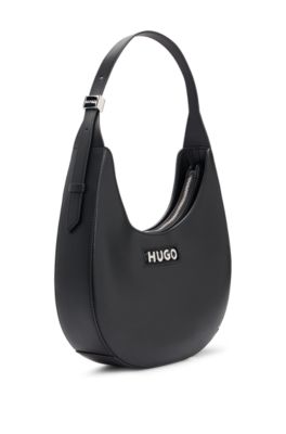 Faux-leather hobo bag with metallic logo lettering, Black