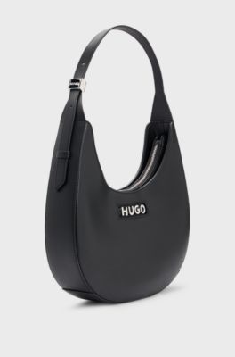 Faux-leather hobo bag with metallic logo lettering, Black