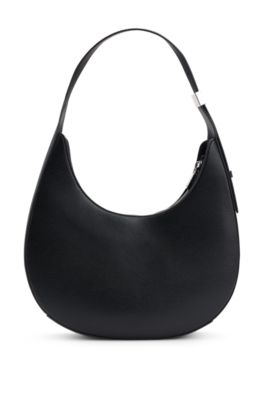 Faux-leather hobo bag with metallic logo lettering, Black