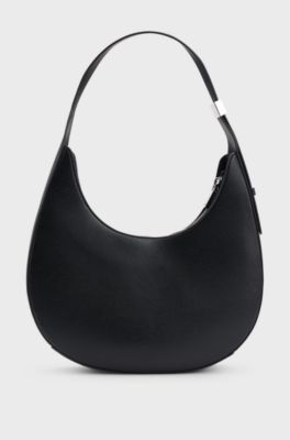 Faux-leather hobo bag with metallic logo lettering, Black