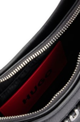 Faux-leather hobo bag with metallic logo lettering, Black