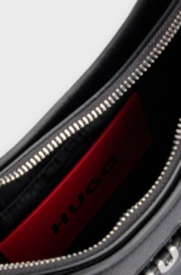 Faux-leather hobo bag with metallic logo lettering, Black