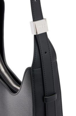 Faux-leather hobo bag with metallic logo lettering, Black