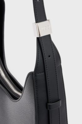 Faux-leather hobo bag with metallic logo lettering, Black